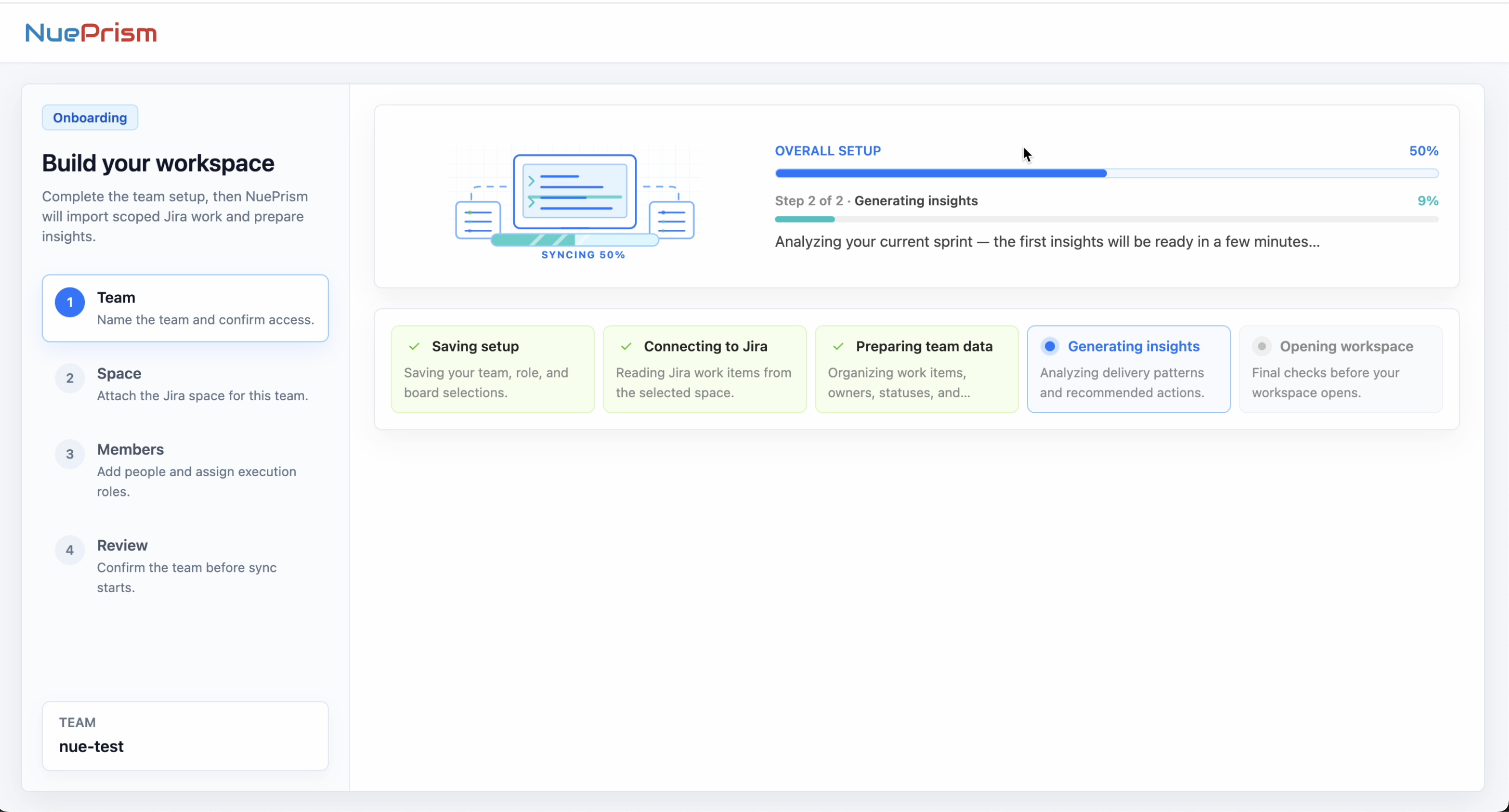 NuePrism onboarding progress screen showing Overall Setup progress and Generating insights in progress.