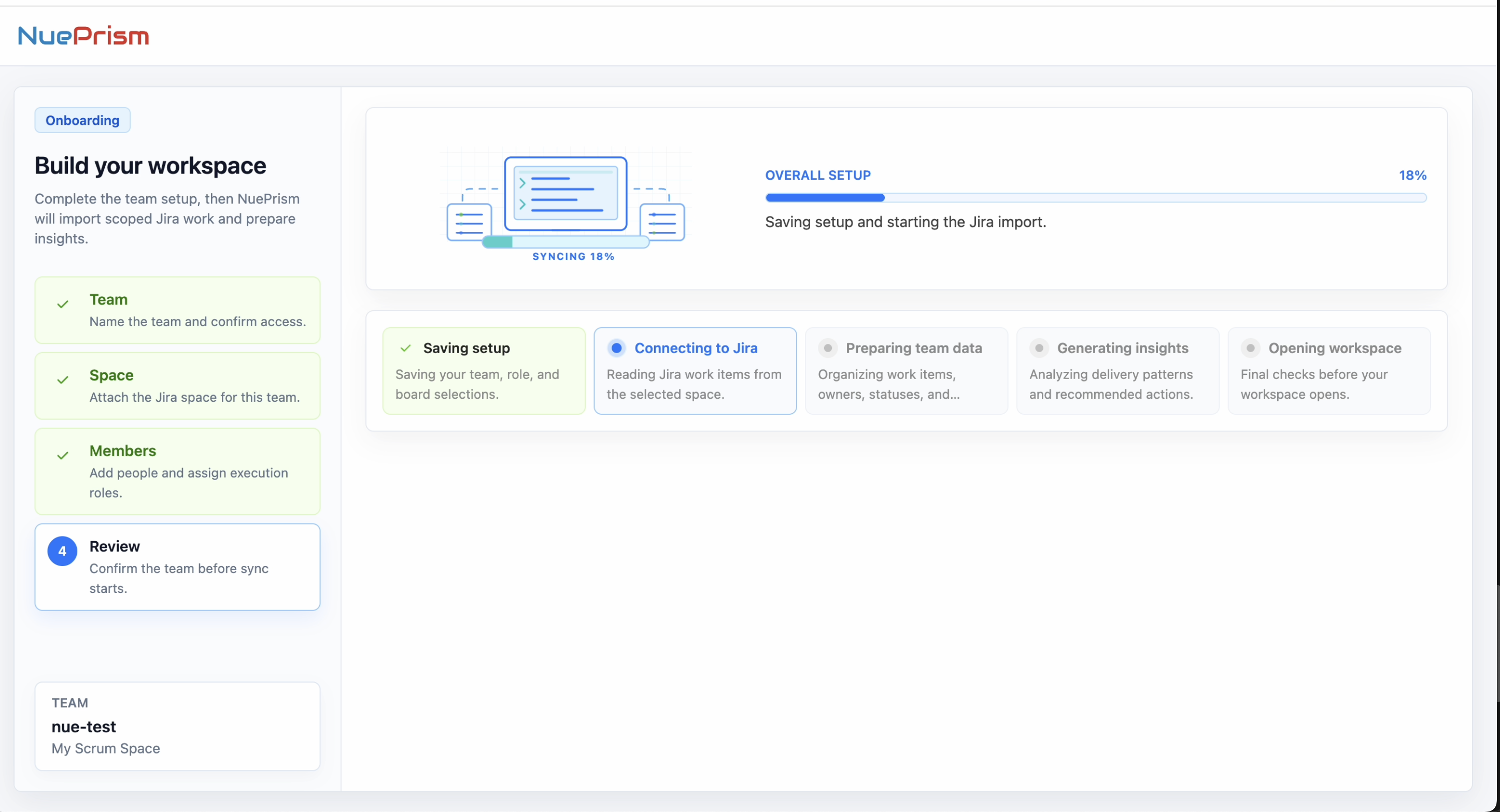 NuePrism setup progress screen showing Saving setup, Connecting to Jira, Preparing team data, Generating insights and Opening workspace.